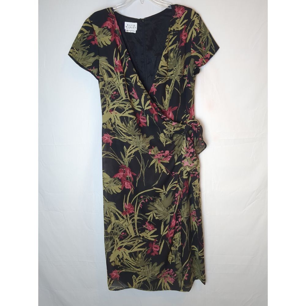 David Warren Vintage Dress Side Tie Faux Wrap Tropical Floral Women's Size 14